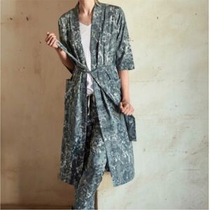 Peruvian Connection Floral Green Pima Cotton Kimono Robe - XS - Damask Roses